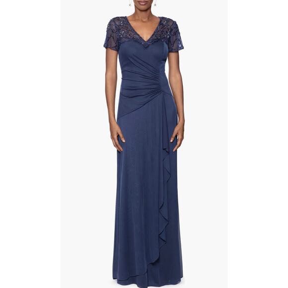 NWT Xscape Evenings Beaded Short Sleeve Ruched Gown Navy Blue 8 Formal Wedding - Picture 2 of 13